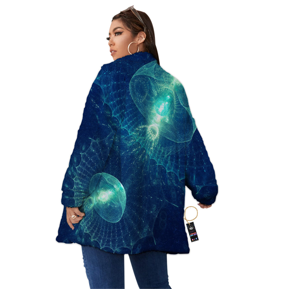 Blue Jellyfish On Deep Sea Print Women's Sherpa Jacket-grizzshop
