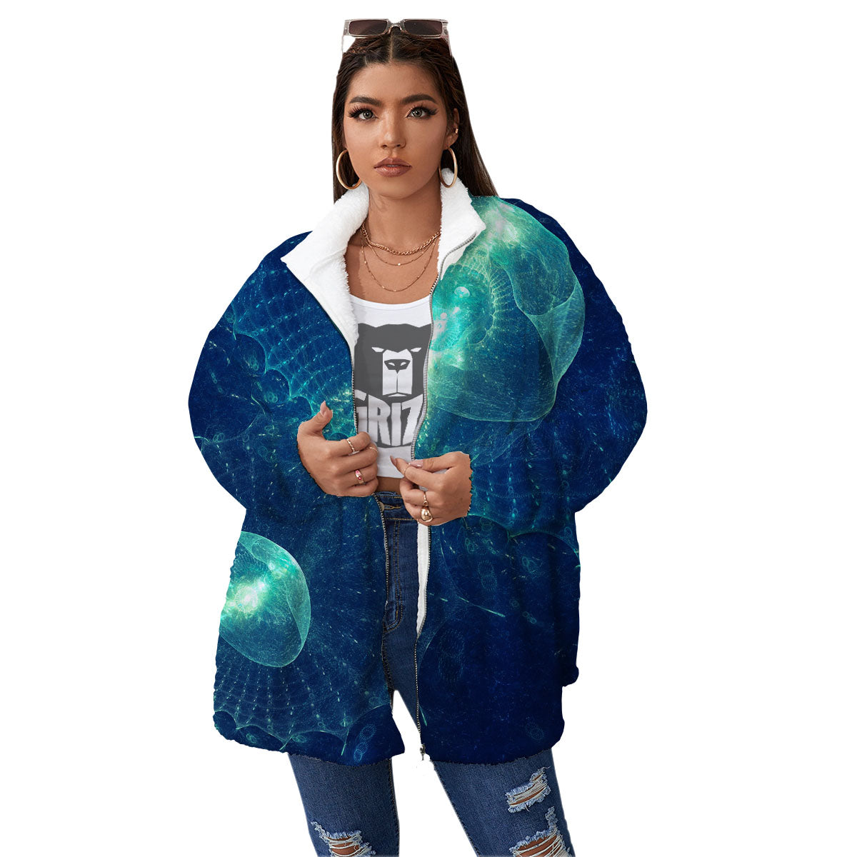 Blue Jellyfish On Deep Sea Print Women's Sherpa Jacket-grizzshop