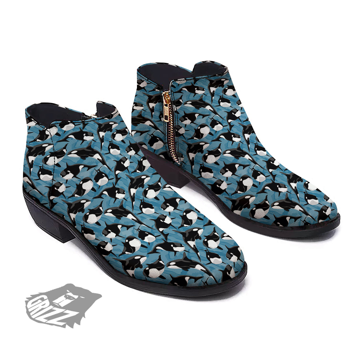 Blue Killer Whale Print Pattern Ankle Boots-grizzshop