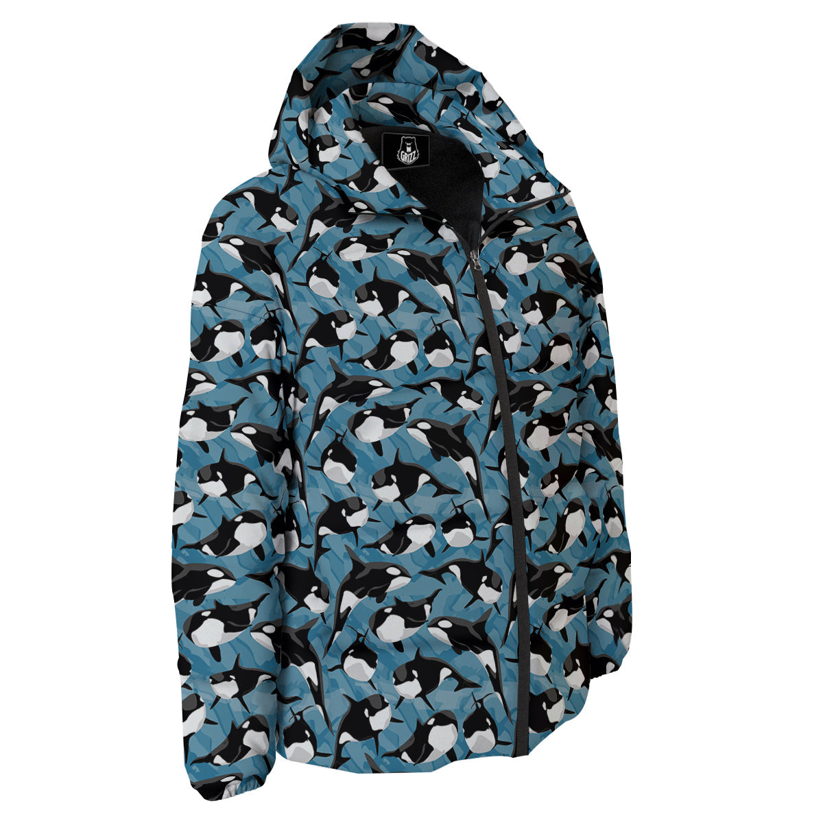 Blue Killer Whale Print Pattern Down Jacket-grizzshop