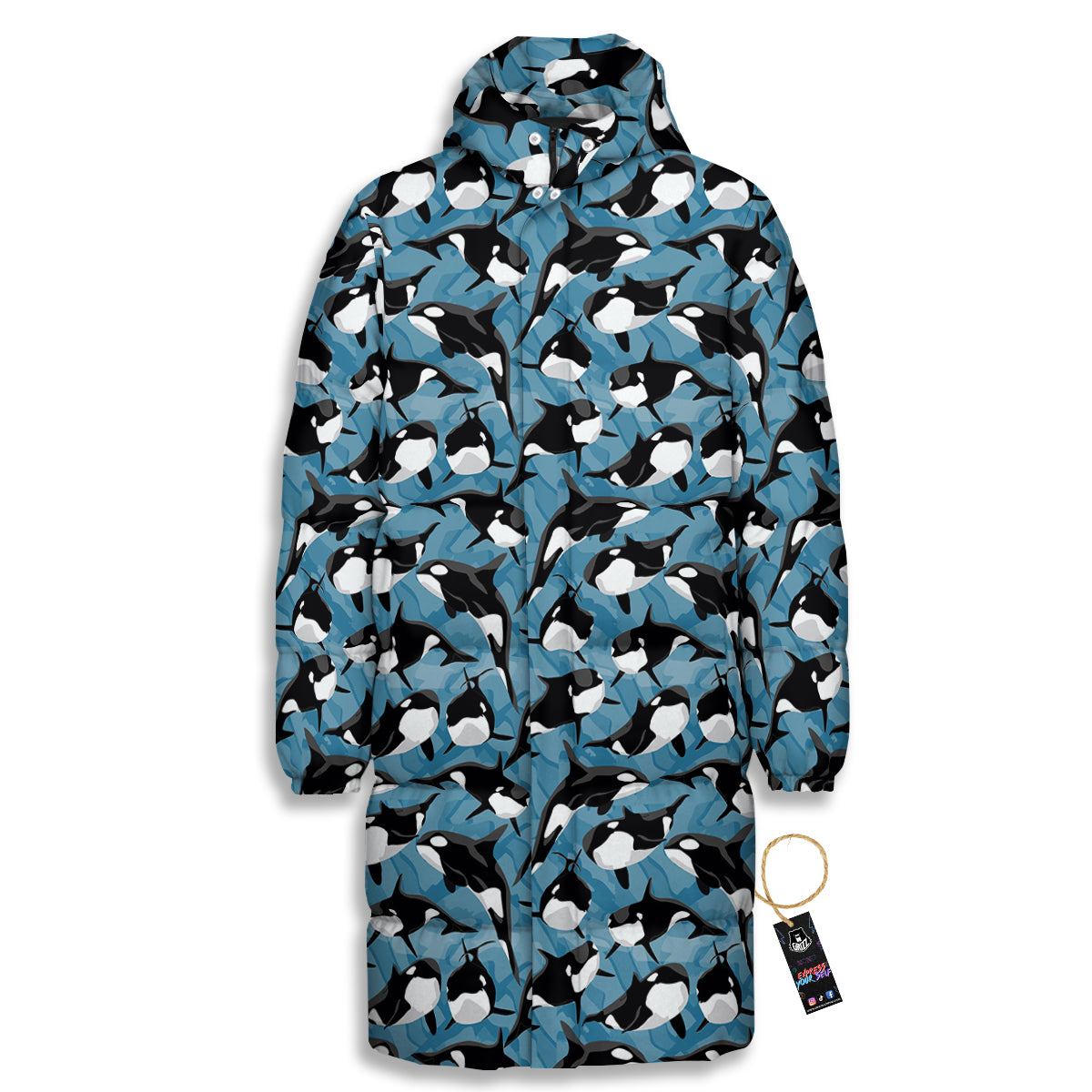 Blue Killer Whale Print Pattern Long Down Jacket-grizzshop