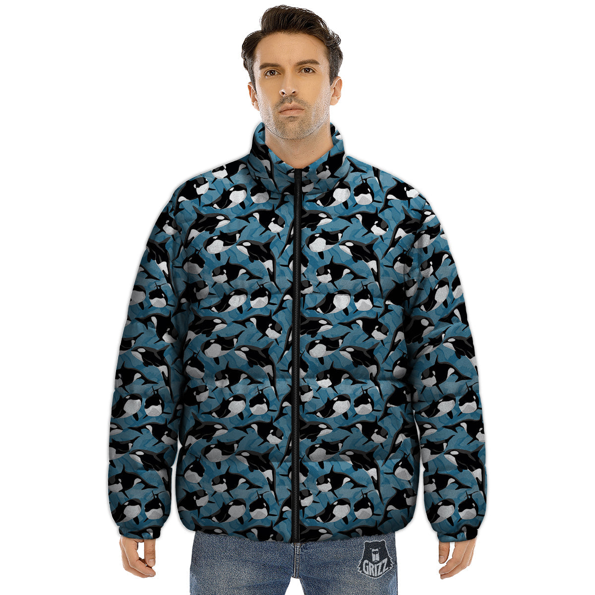 Blue Killer Whale Print Pattern Puffer Jacket-grizzshop