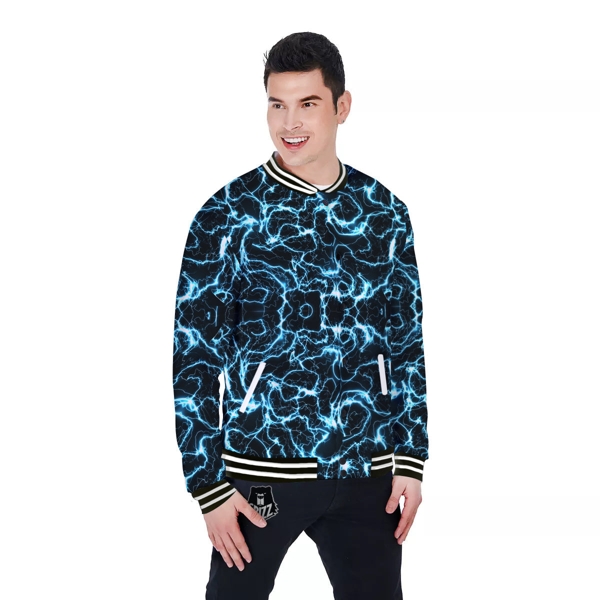 Blue Lightning Explosion Print Pattern Baseball Jacket-grizzshop