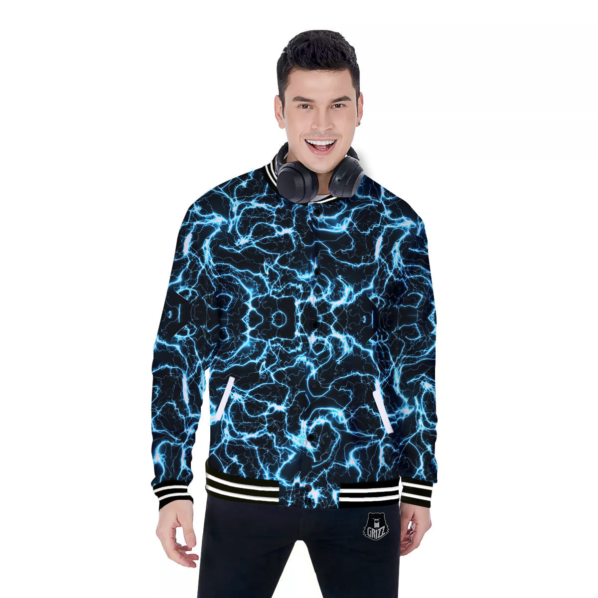 Blue Lightning Explosion Print Pattern Baseball Jacket-grizzshop
