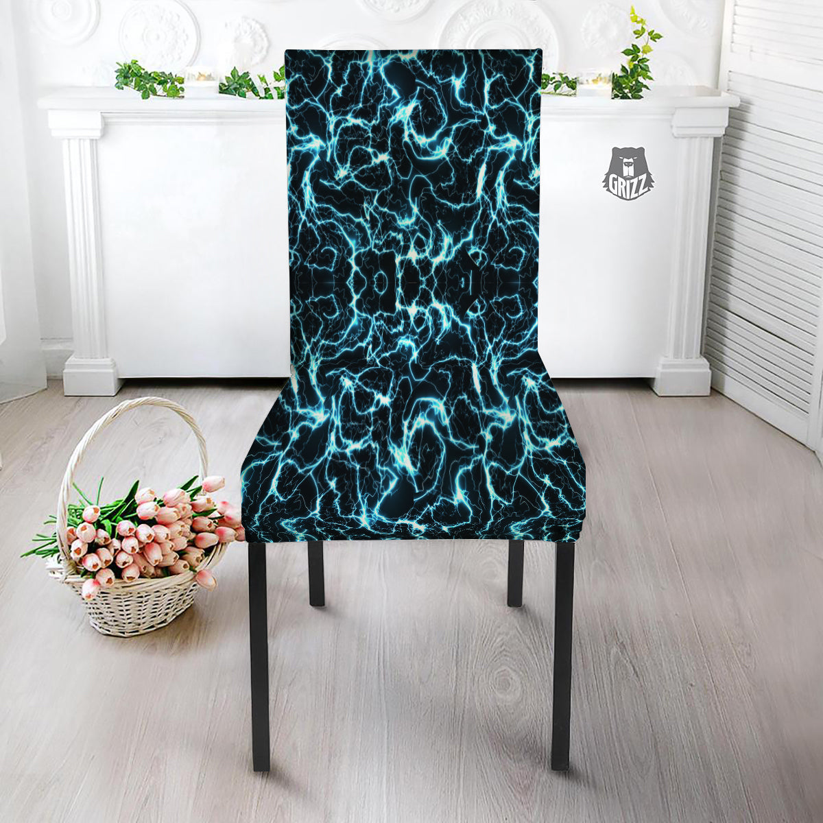 Blue Lightning Explosion Print Pattern Dining Chair Slipcover-grizzshop
