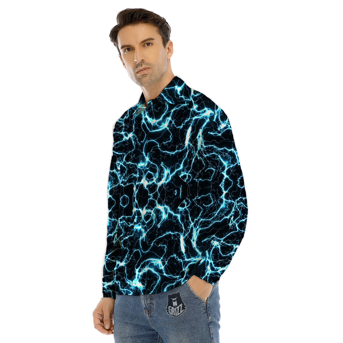 Blue Lightning Explosion Print Pattern Men's Dress Shirts-grizzshop