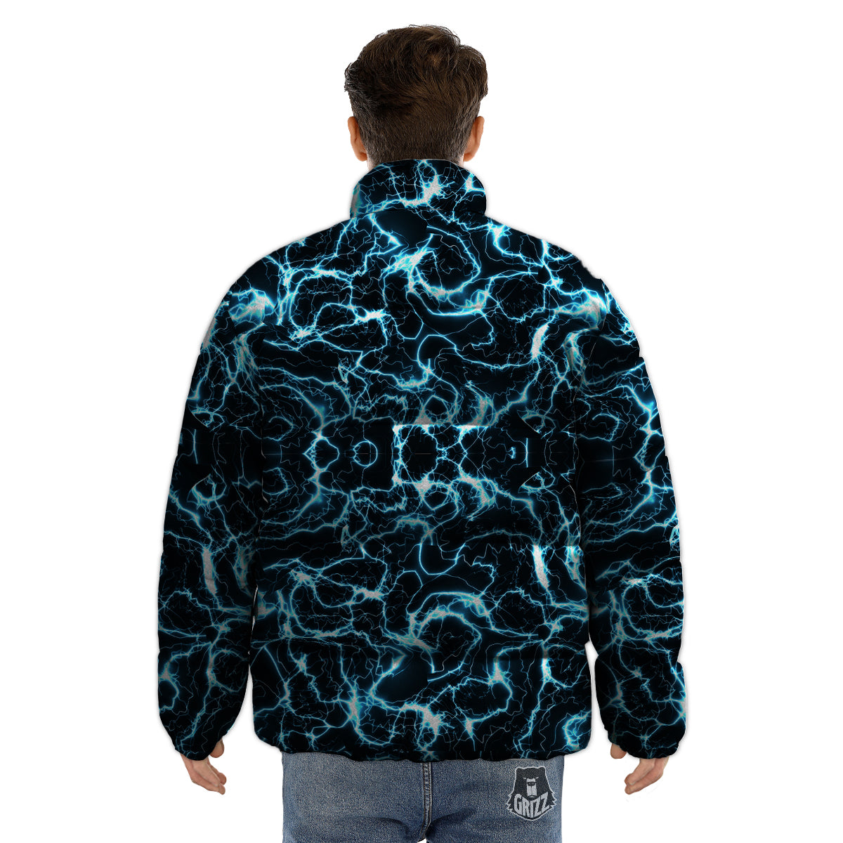 Blue Lightning Explosion Print Pattern Puffer Jacket-grizzshop