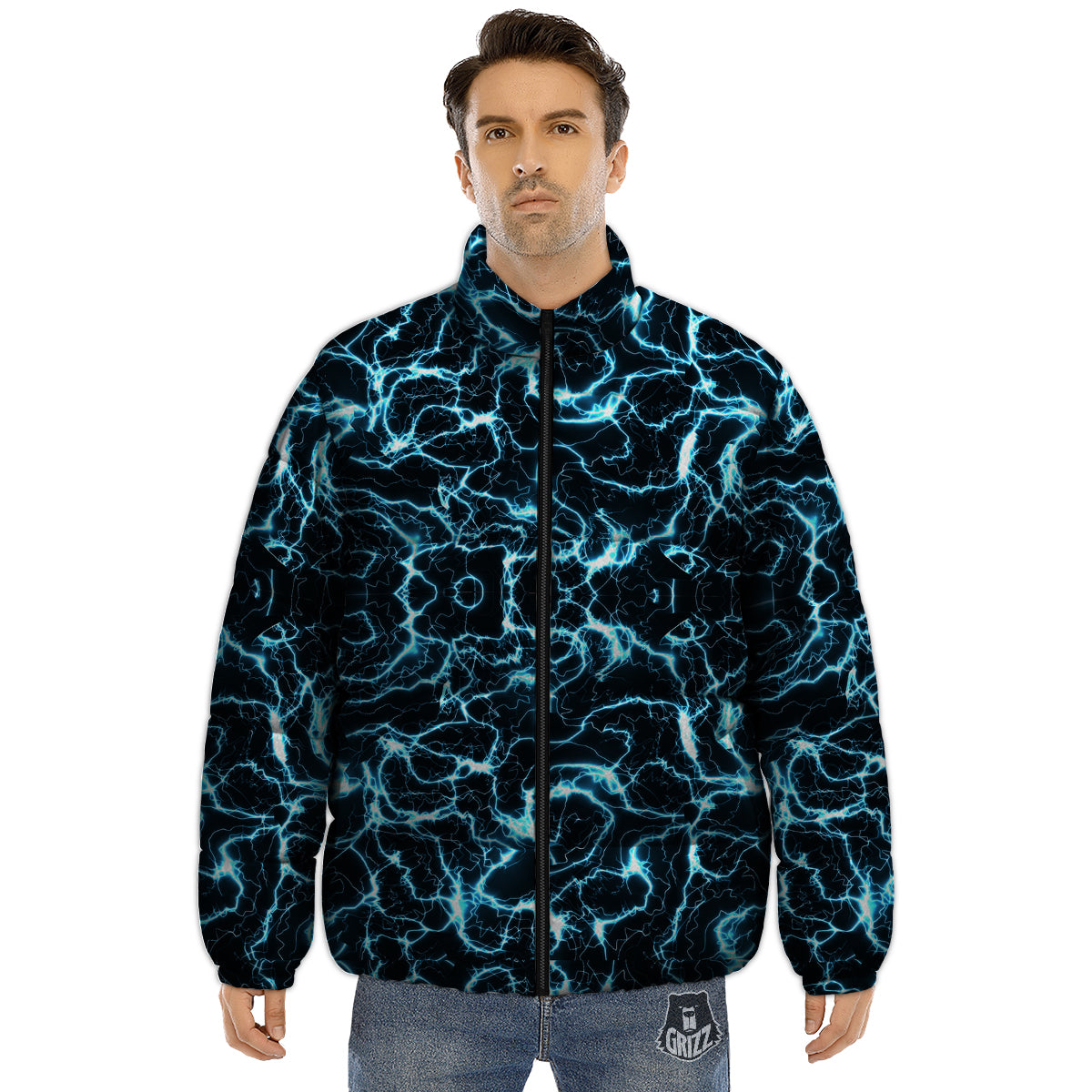 Blue Lightning Explosion Print Pattern Puffer Jacket-grizzshop