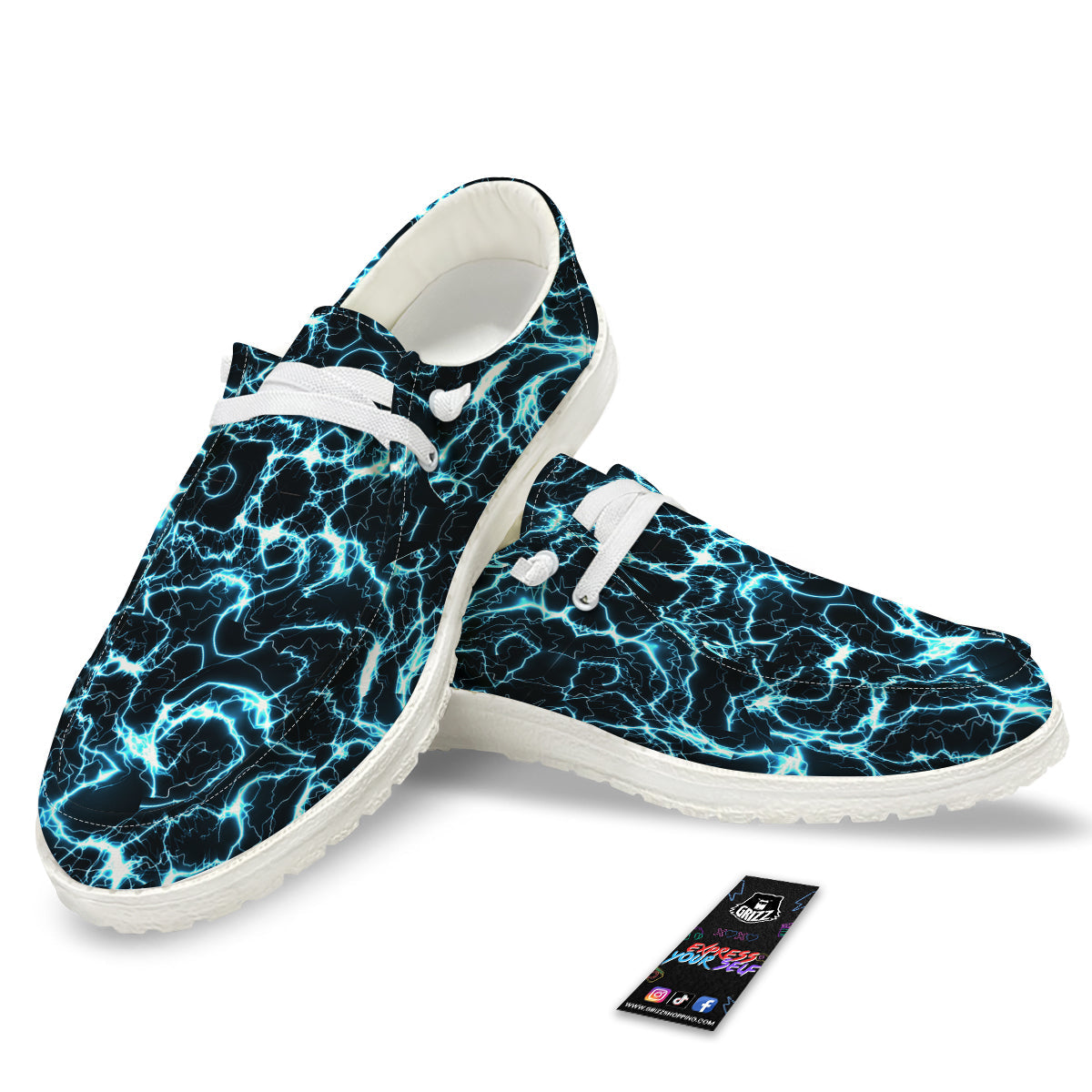 Blue Lightning Explosion Print Pattern White Loafers-grizzshop