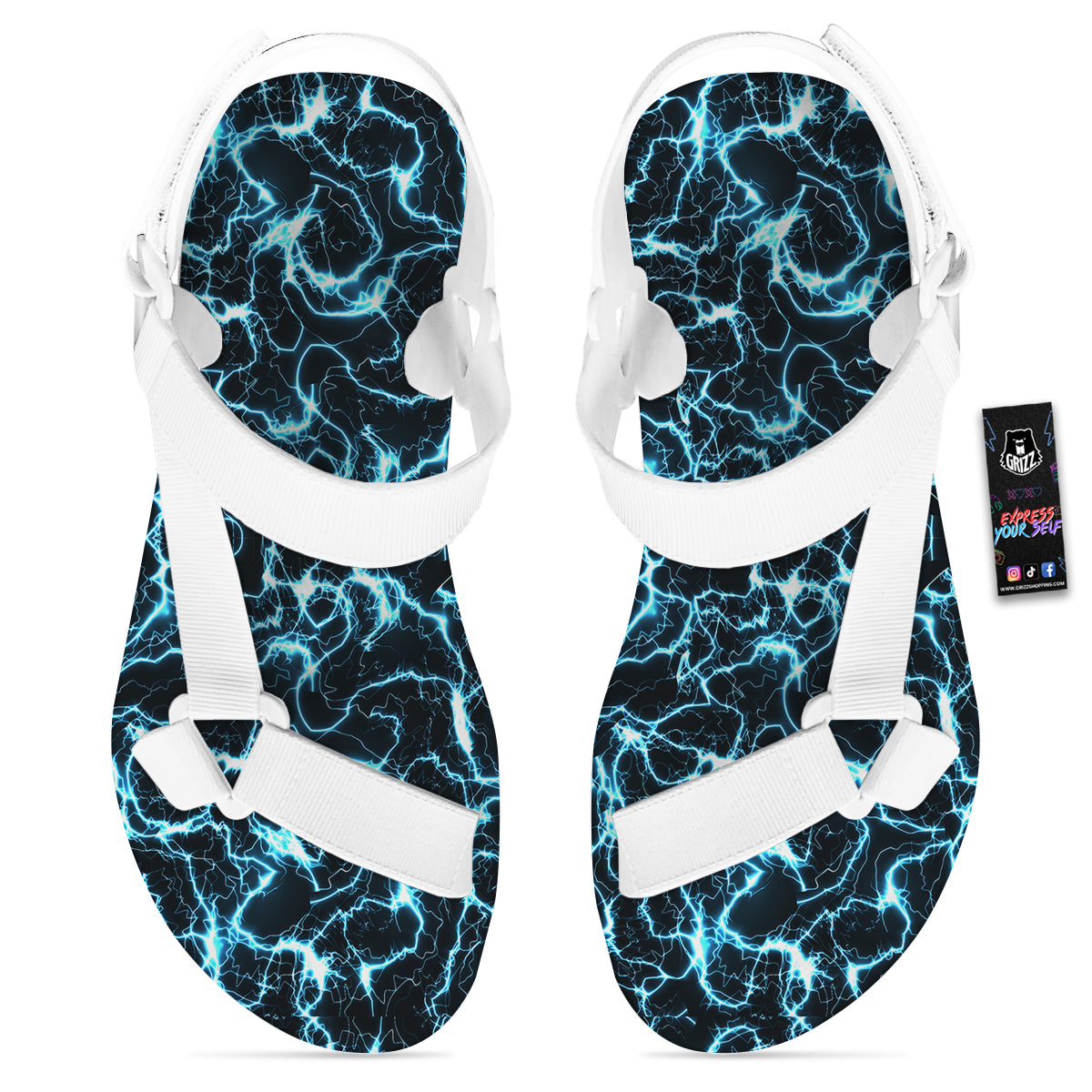 Blue Lightning Explosion Print Pattern White Open Toe Sandals-grizzshop