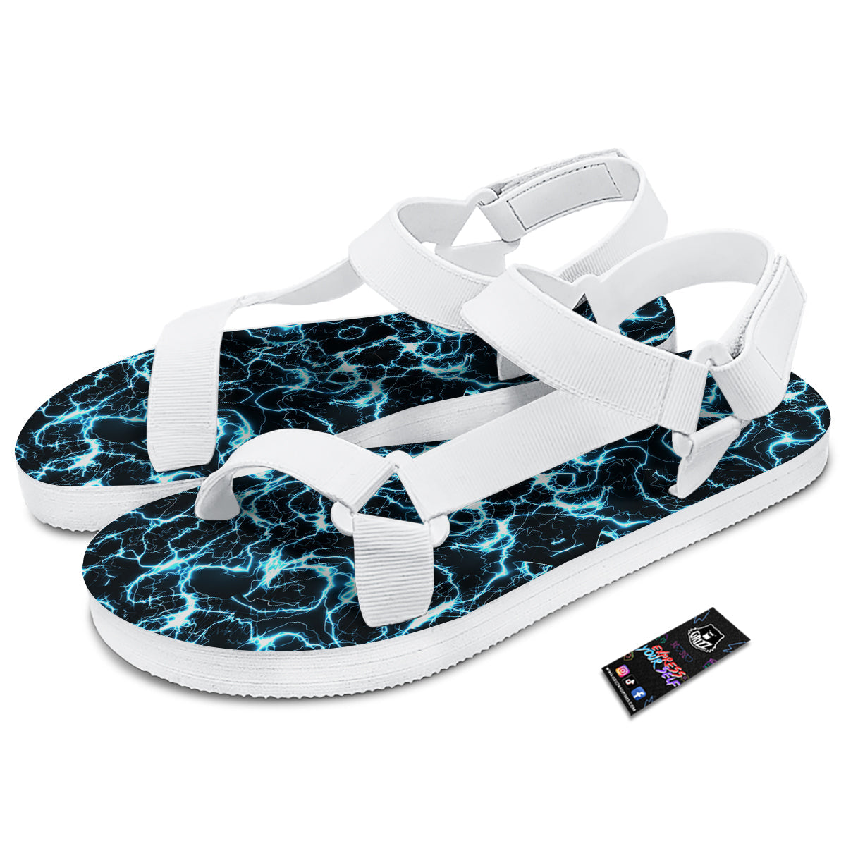 Blue Lightning Explosion Print Pattern White Open Toe Sandals-grizzshop