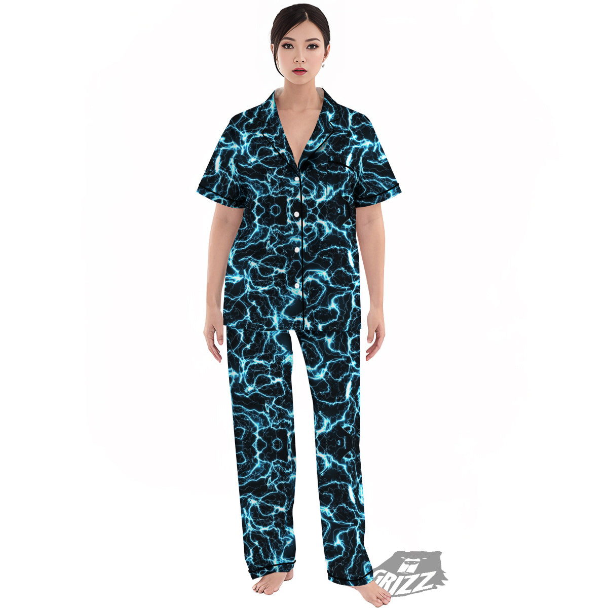 Blue Lightning Explosion Print Pattern Women's Pajamas Set-grizzshop