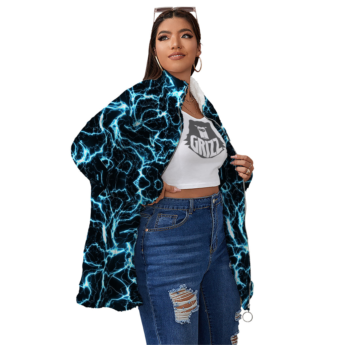 Blue Lightning Explosion Print Pattern Women's Sherpa Jacket-grizzshop