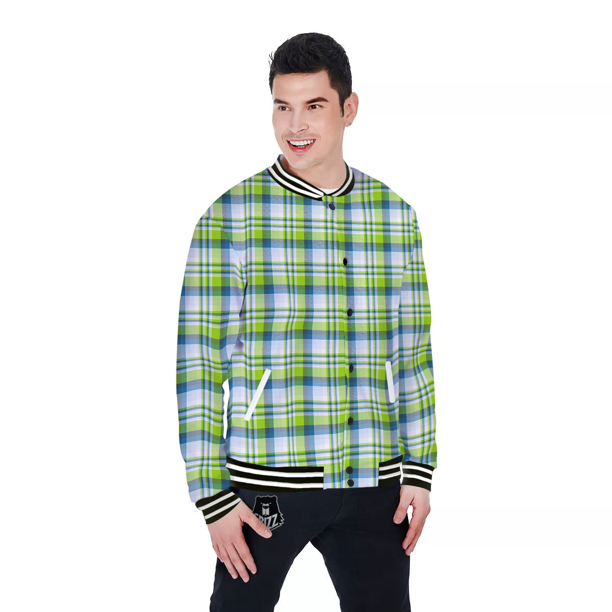 Blue Madras Plaid And Lime Print Pattern Baseball Jacket-grizzshop