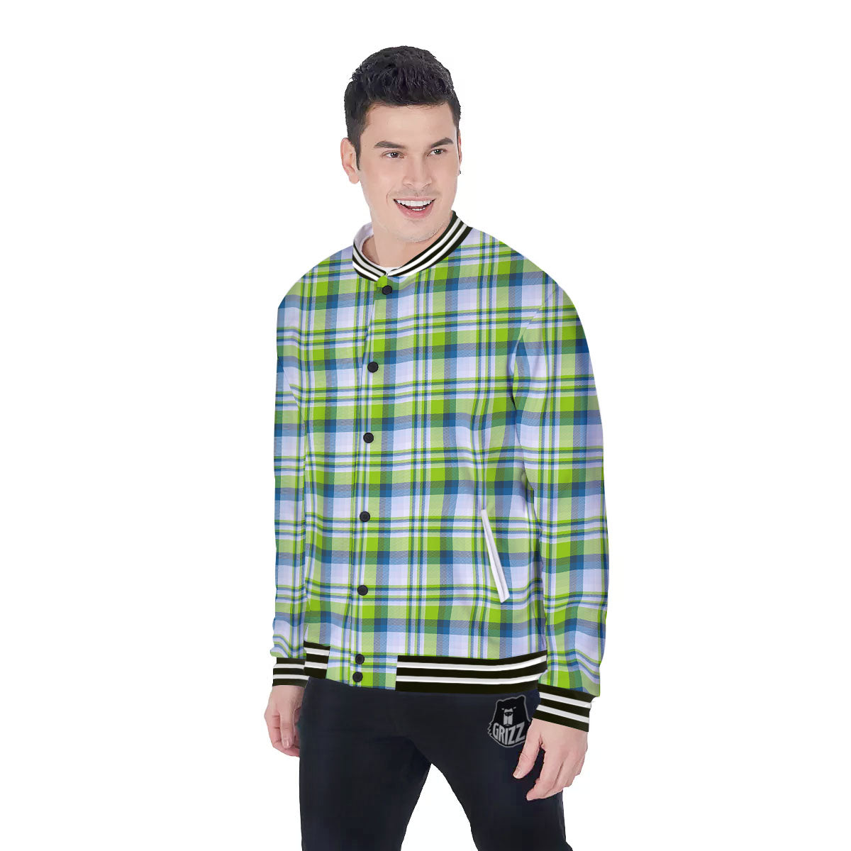 Blue Madras Plaid And Lime Print Pattern Baseball Jacket-grizzshop