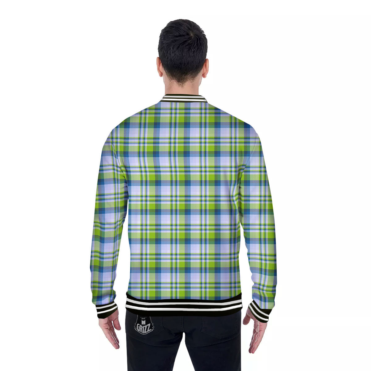 Blue Madras Plaid And Lime Print Pattern Baseball Jacket-grizzshop