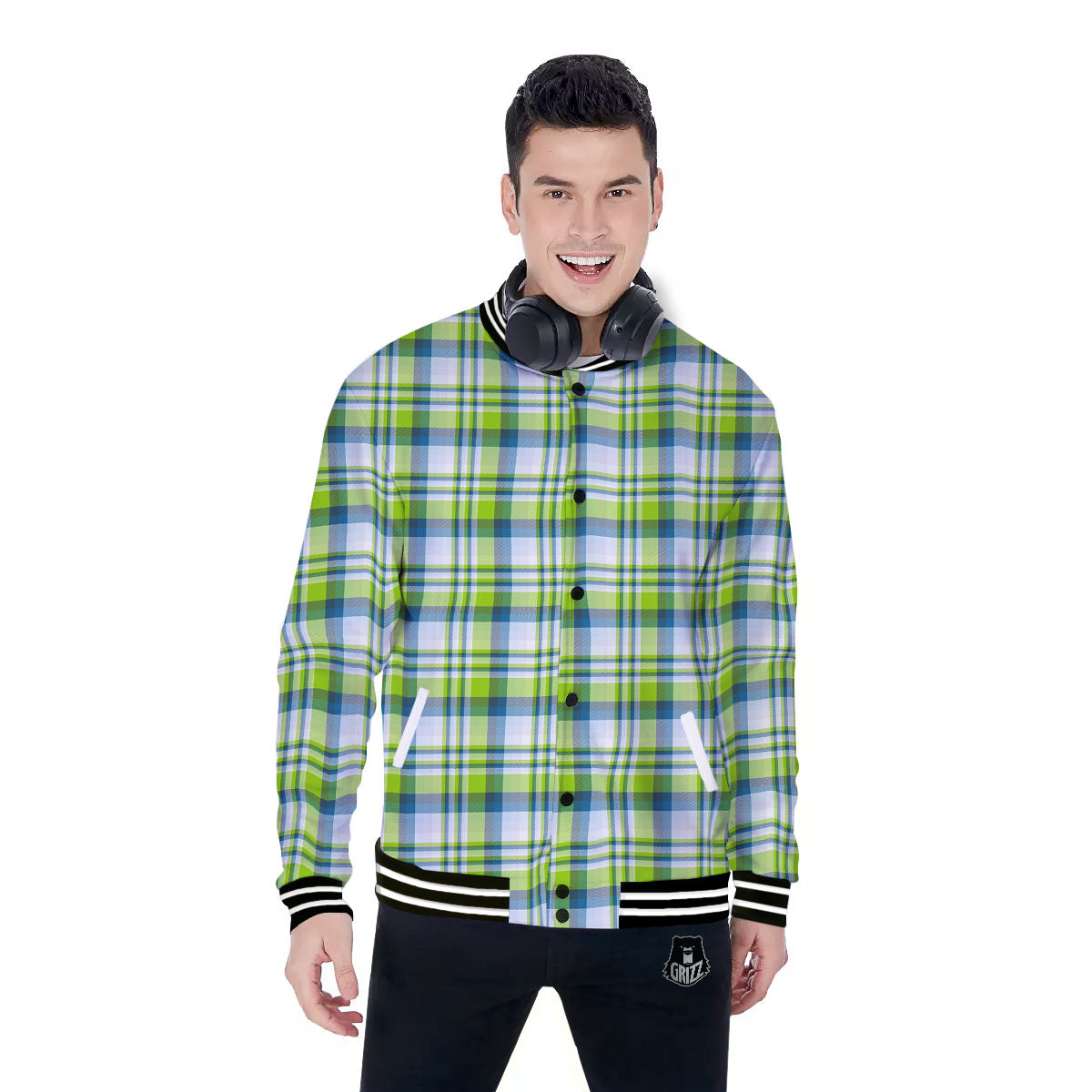 Blue Madras Plaid And Lime Print Pattern Baseball Jacket-grizzshop