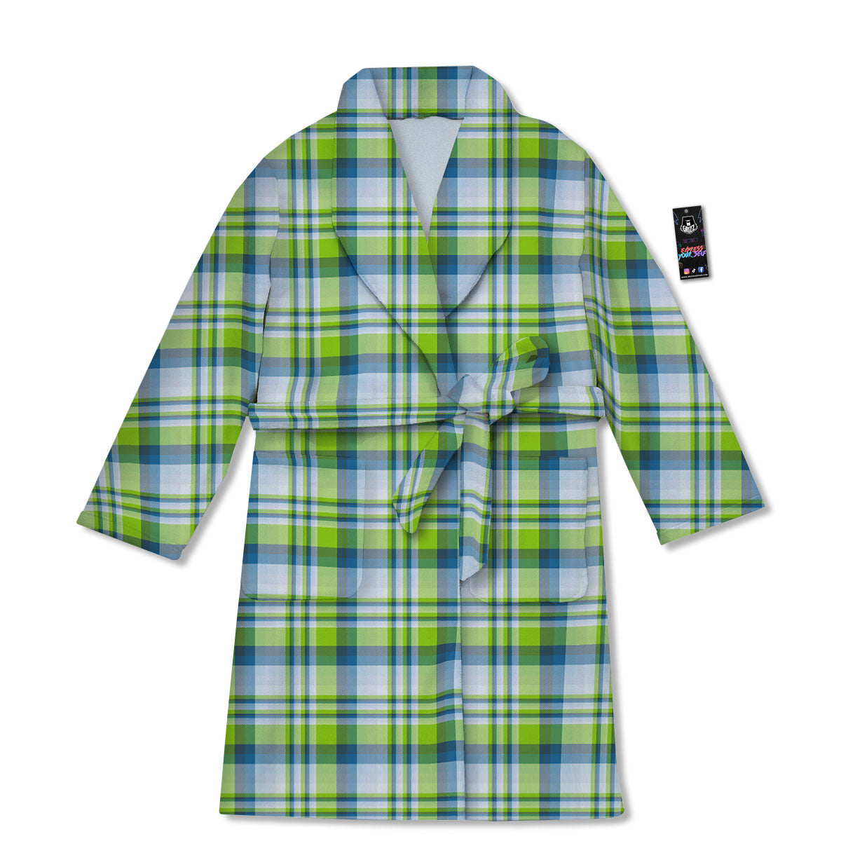 Blue Madras Plaid And Lime Print Pattern Bathrobe-grizzshop
