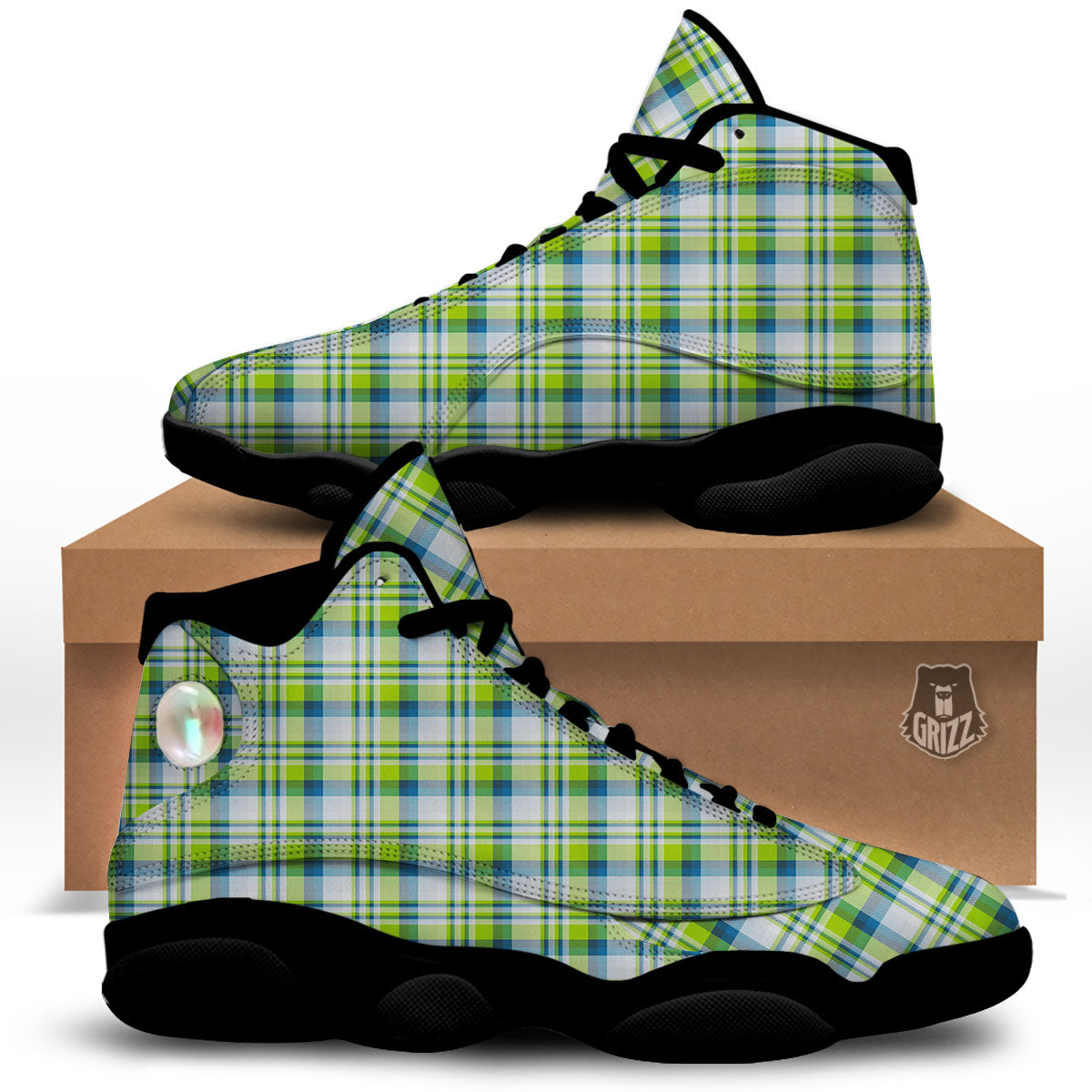 Blue Madras Plaid And Lime Print Pattern Black Basketball Shoes-grizzshop