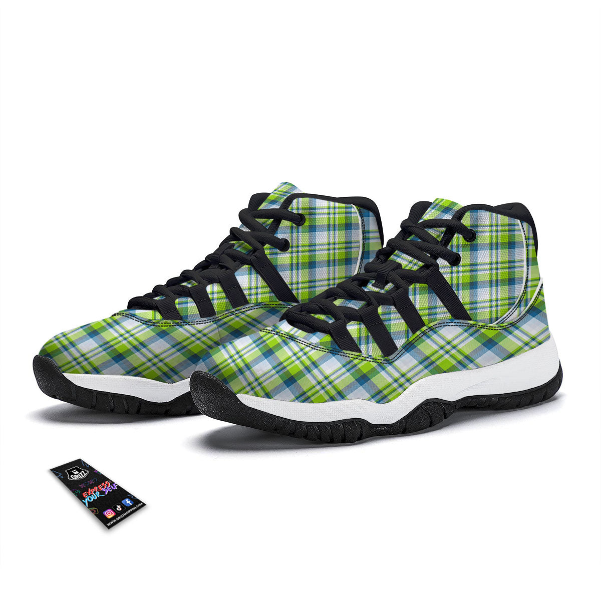 Blue Madras Plaid And Lime Print Pattern Black Bball Shoes-grizzshop