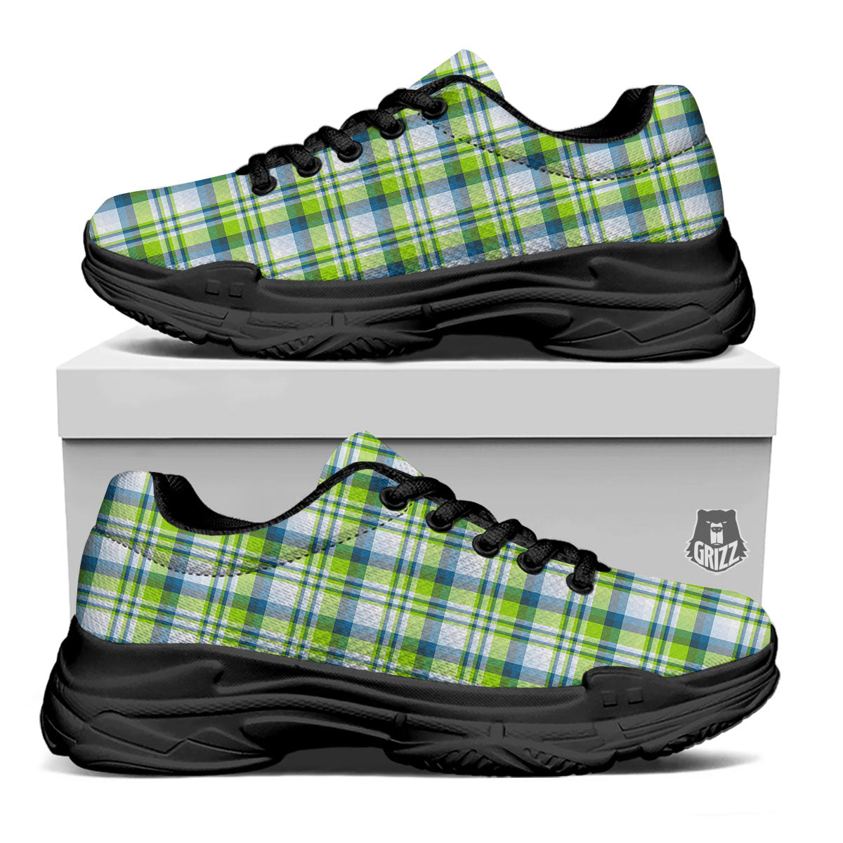 Blue Madras Plaid And Lime Print Pattern Black Chunky Shoes-grizzshop