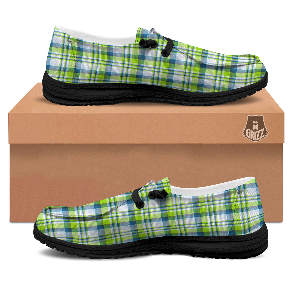 Blue Madras Plaid And Lime Print Pattern Black Loafers-grizzshop