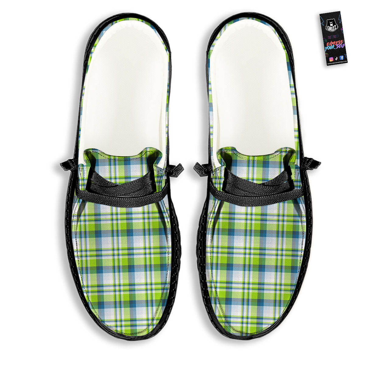 Blue Madras Plaid And Lime Print Pattern Black Loafers-grizzshop
