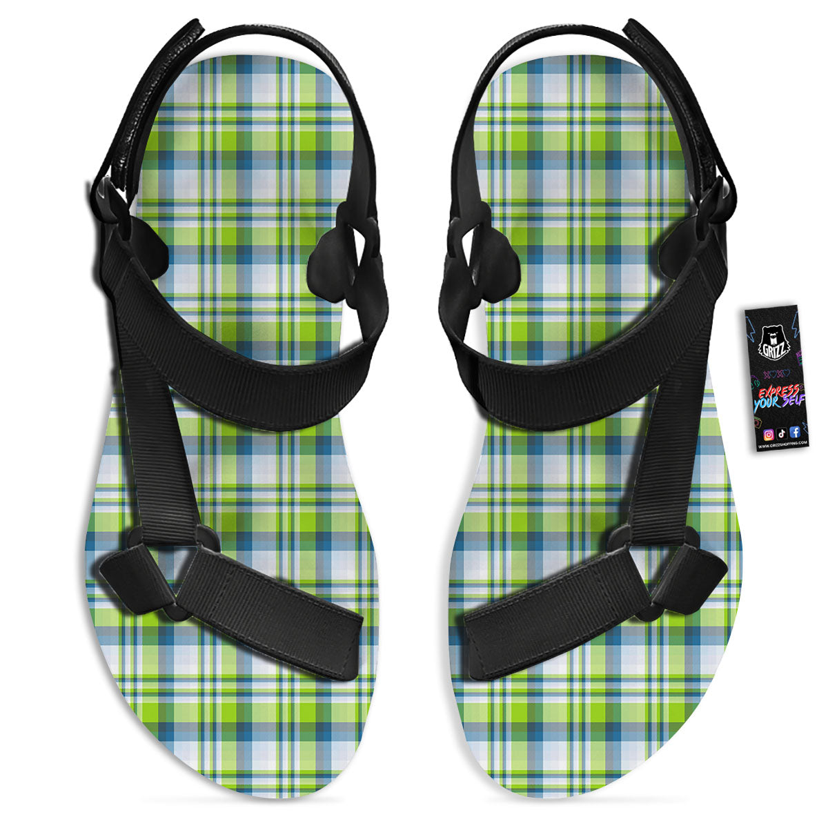 Blue Madras Plaid And Lime Print Pattern Black Open Toe Sandals-grizzshop