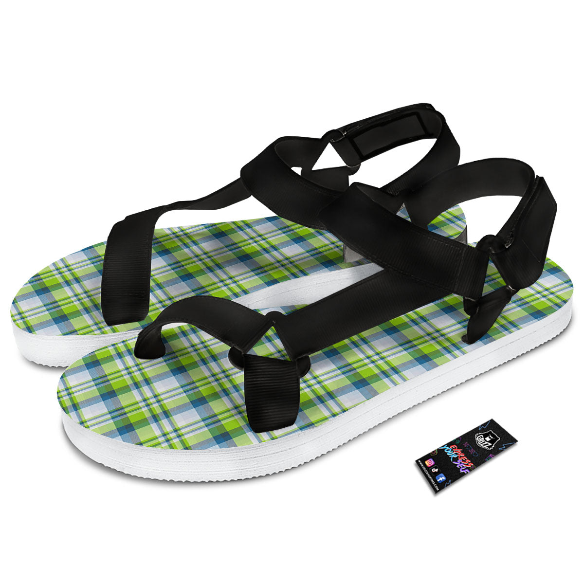 Blue Madras Plaid And Lime Print Pattern Black Open Toe Sandals-grizzshop