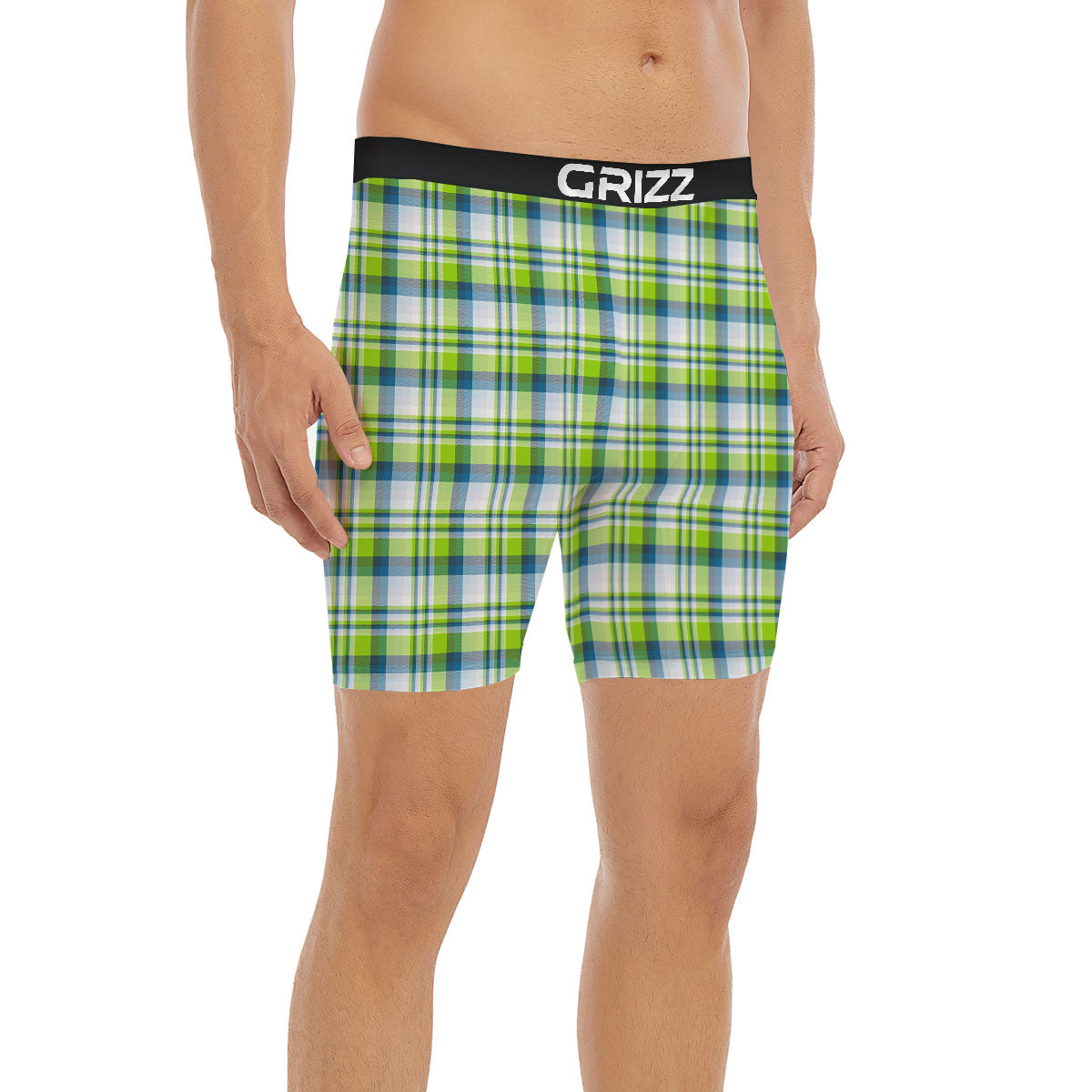 Blue Madras Plaid And Lime Print Pattern Boxer Briefs-grizzshop