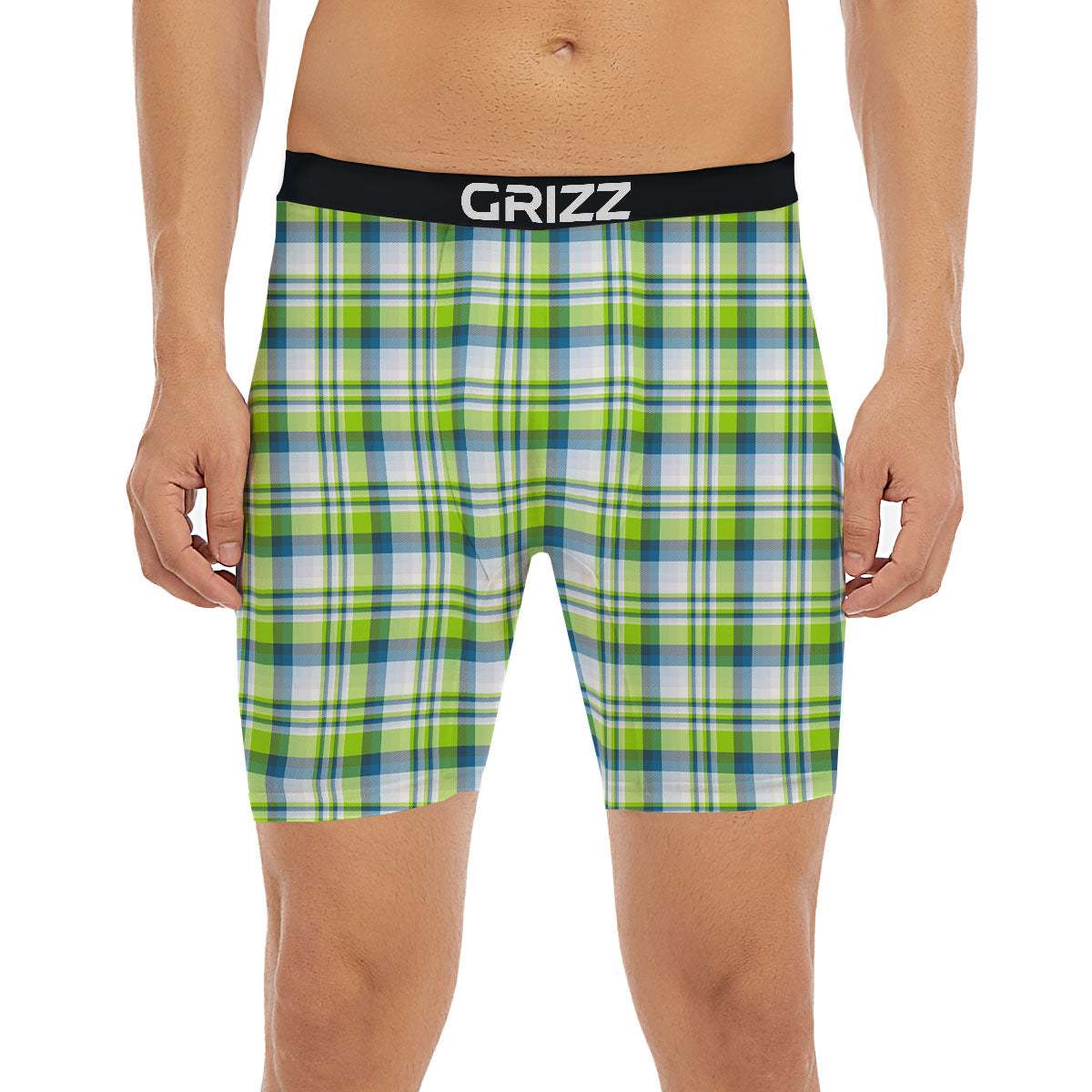 Blue Madras Plaid And Lime Print Pattern Boxer Briefs-grizzshop