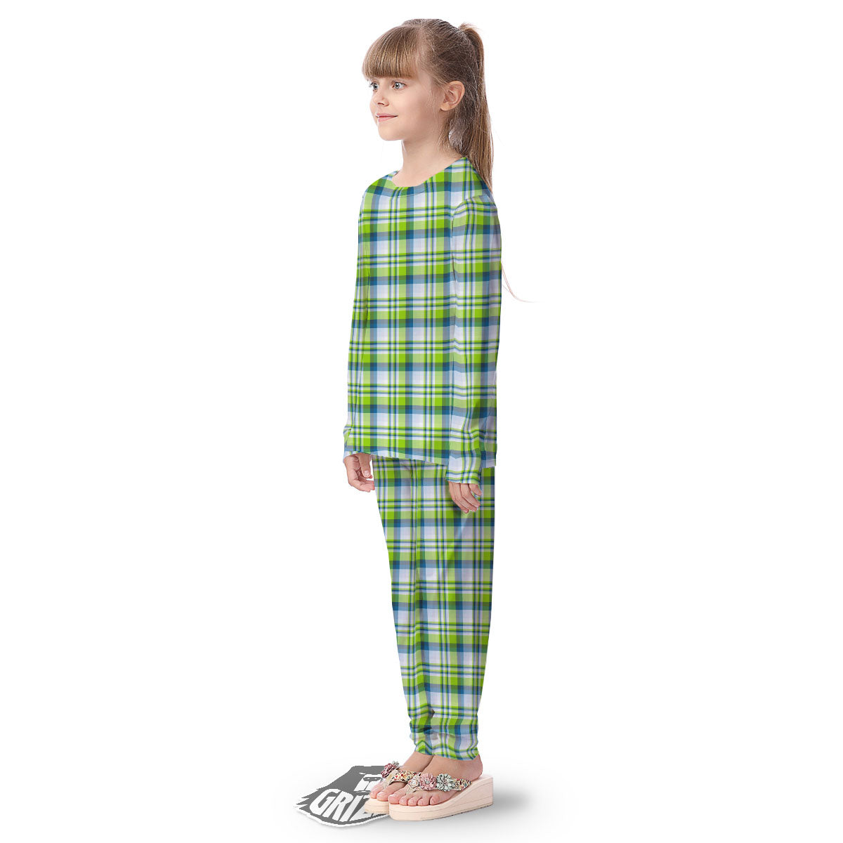 Blue Madras Plaid And Lime Print Pattern Kid's Pajamas-grizzshop