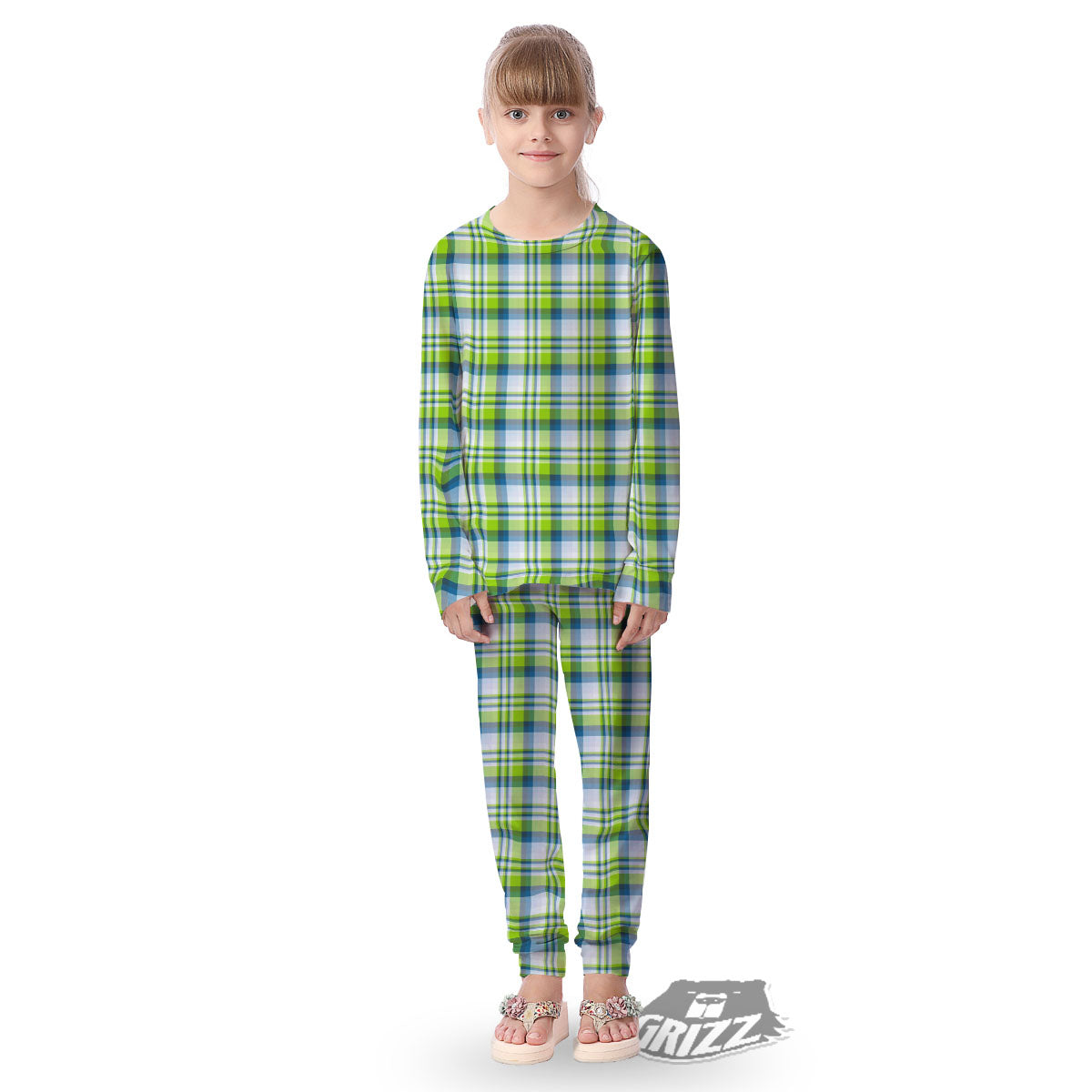 Blue Madras Plaid And Lime Print Pattern Kid's Pajamas-grizzshop
