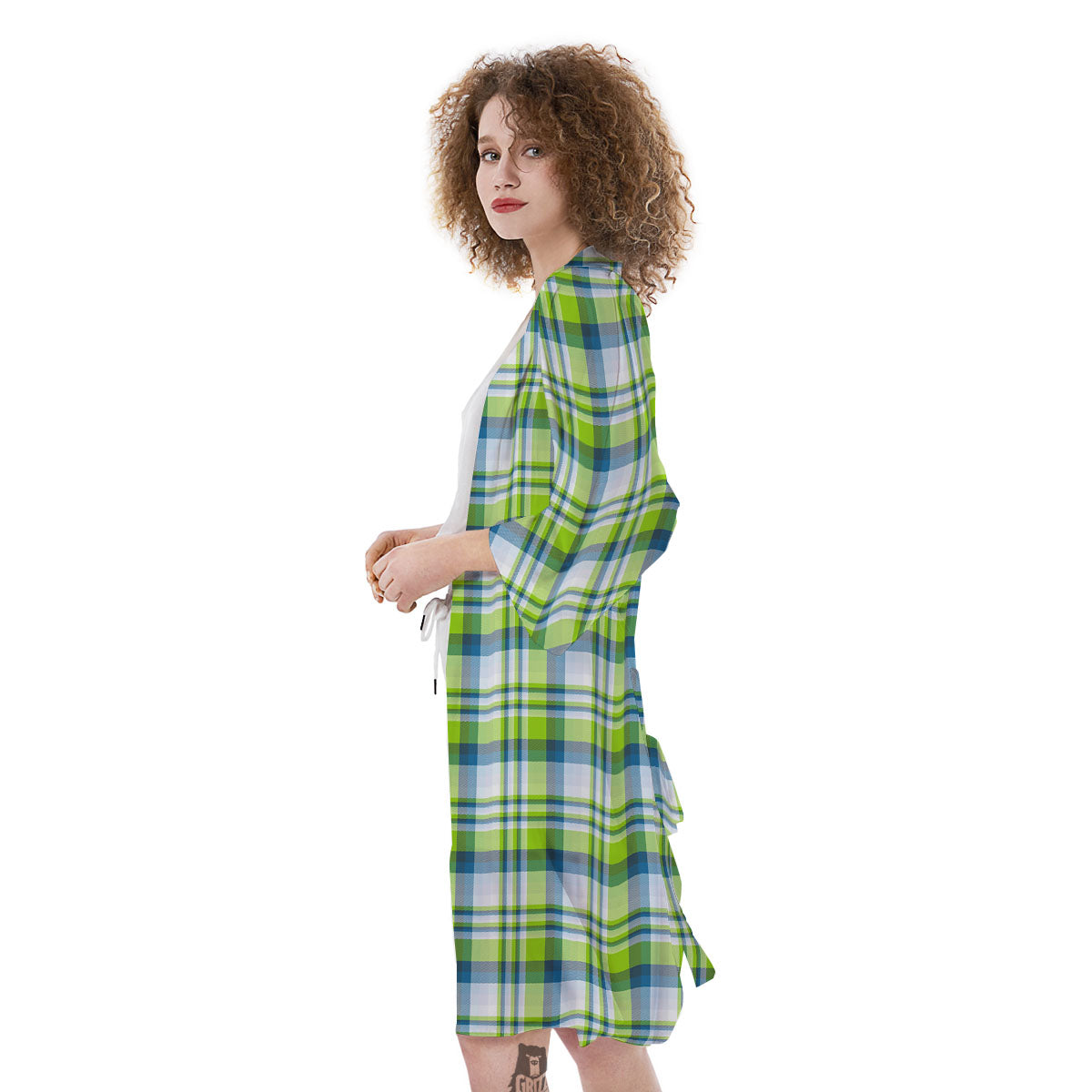 Blue Madras Plaid And Lime Print Pattern Kimono-grizzshop