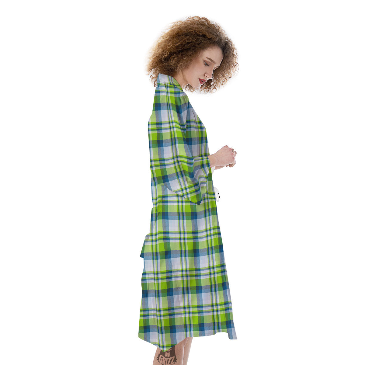 Blue Madras Plaid And Lime Print Pattern Kimono-grizzshop