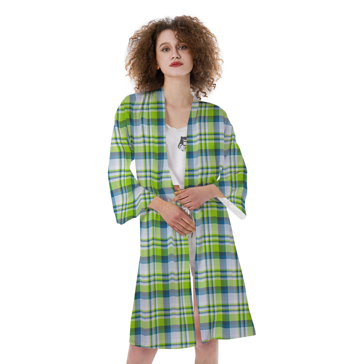 Blue Madras Plaid And Lime Print Pattern Kimono-grizzshop
