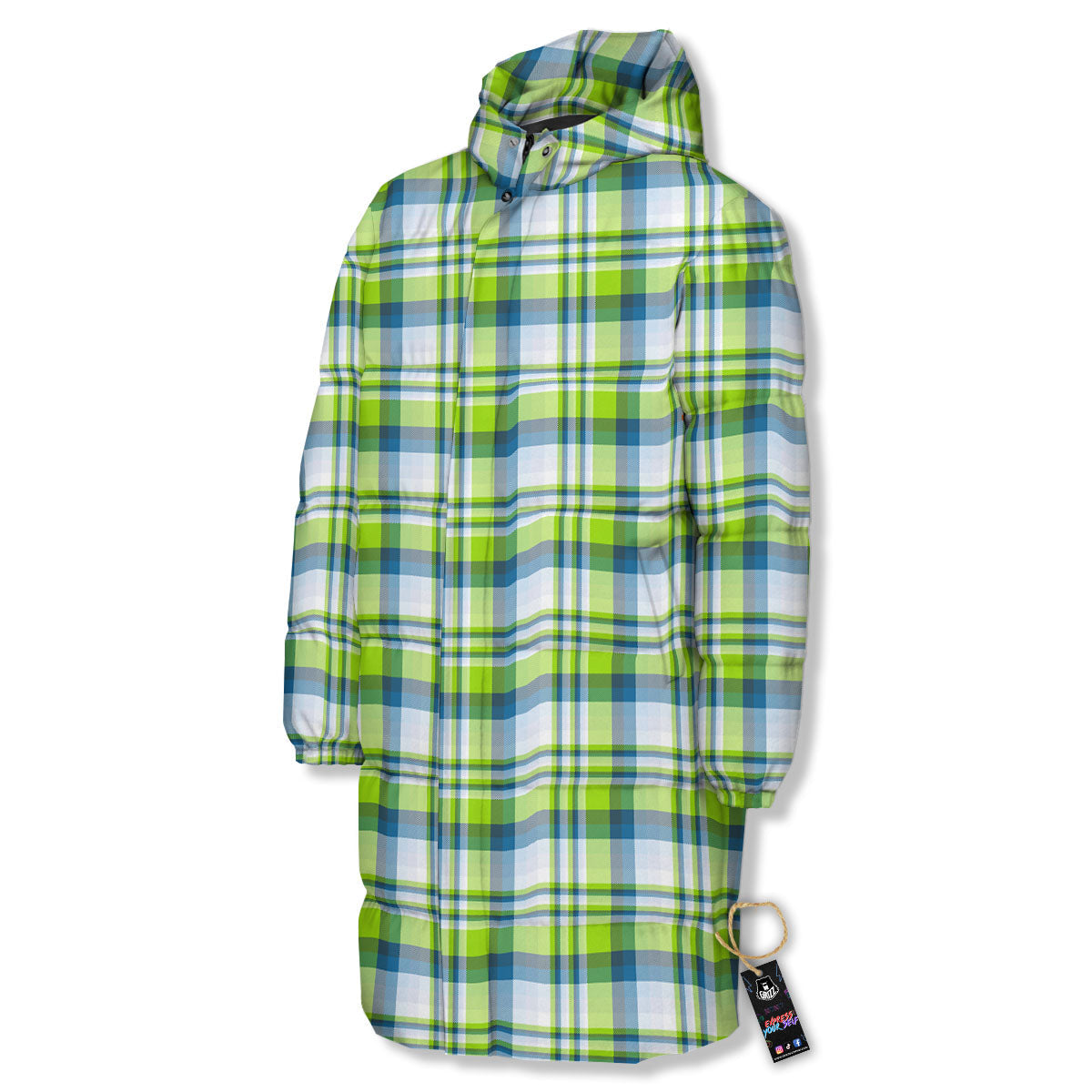 Blue Madras Plaid And Lime Print Pattern Long Down Jacket-grizzshop