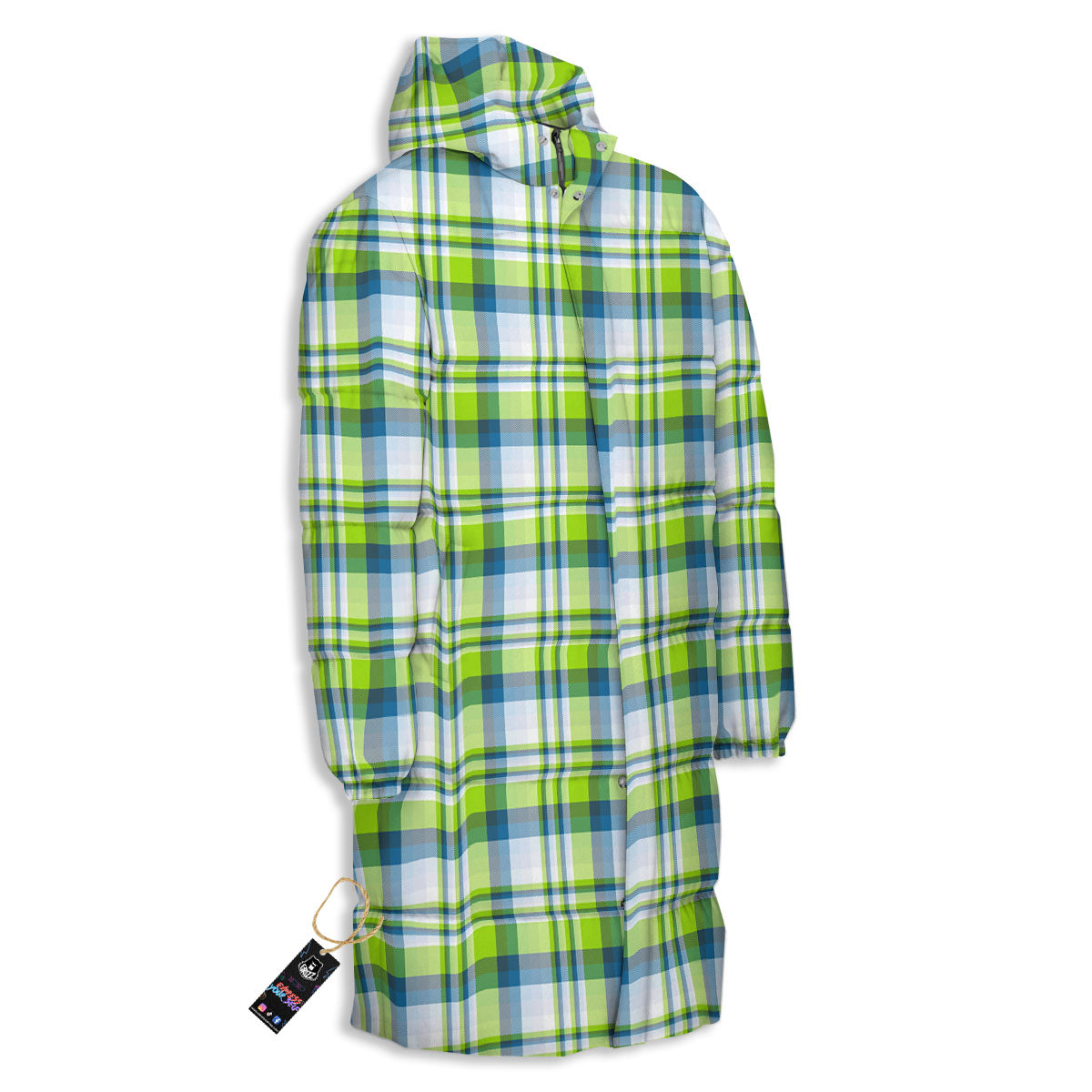 Blue Madras Plaid And Lime Print Pattern Long Down Jacket-grizzshop