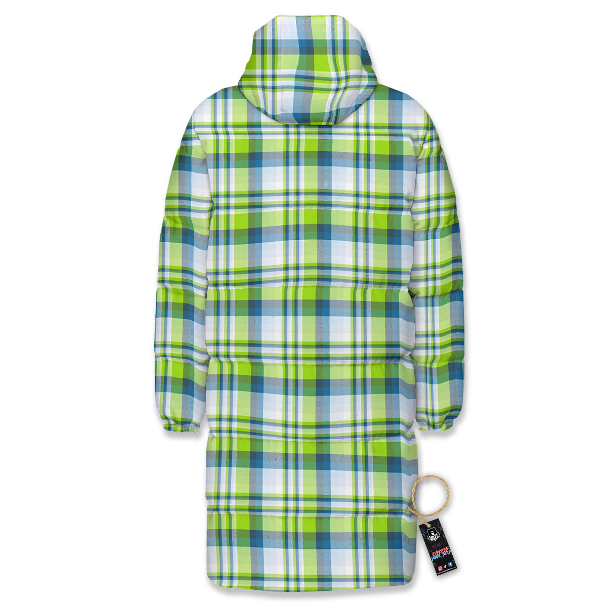 Blue Madras Plaid And Lime Print Pattern Long Down Jacket-grizzshop
