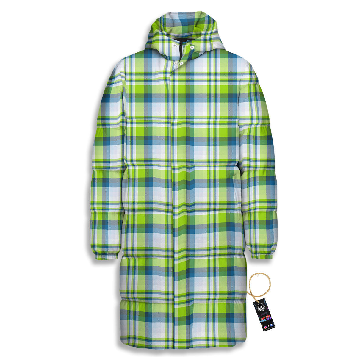 Blue Madras Plaid And Lime Print Pattern Long Down Jacket-grizzshop