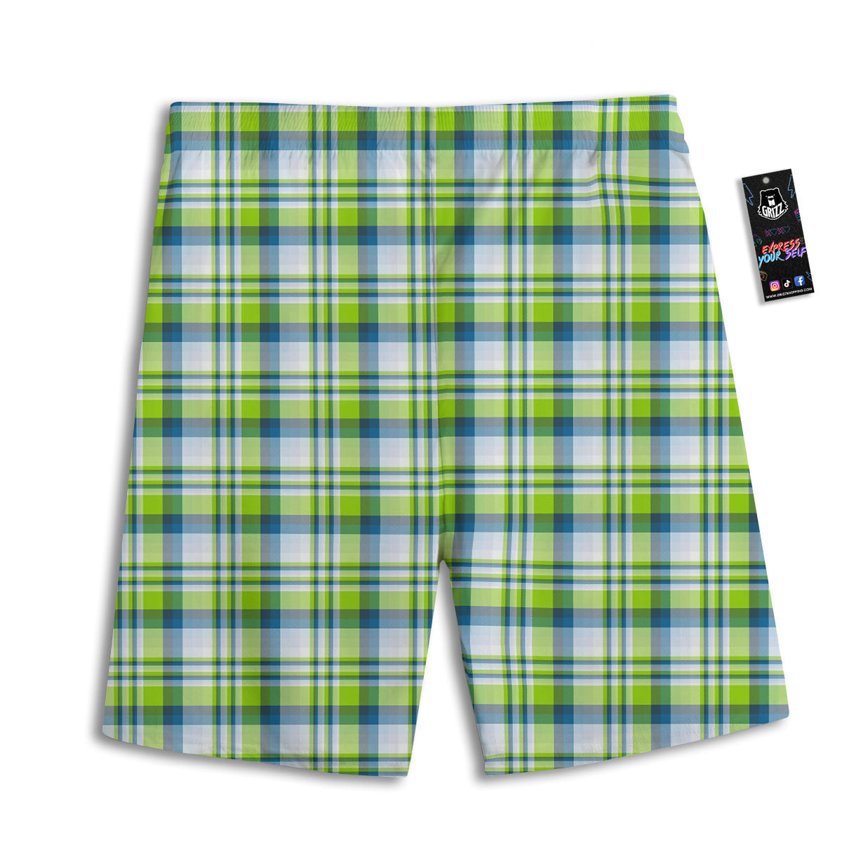 Blue Madras Plaid And Lime Print Pattern Men's Athletic Shorts