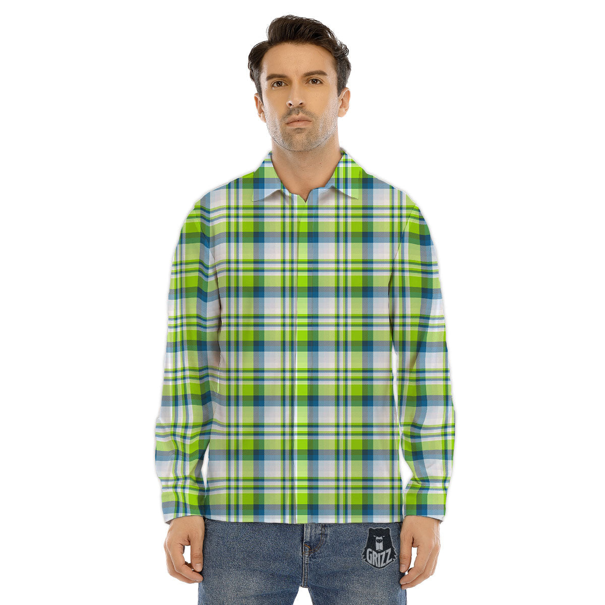 Blue Madras Plaid And Lime Print Pattern Men's Dress Shirts-grizzshop
