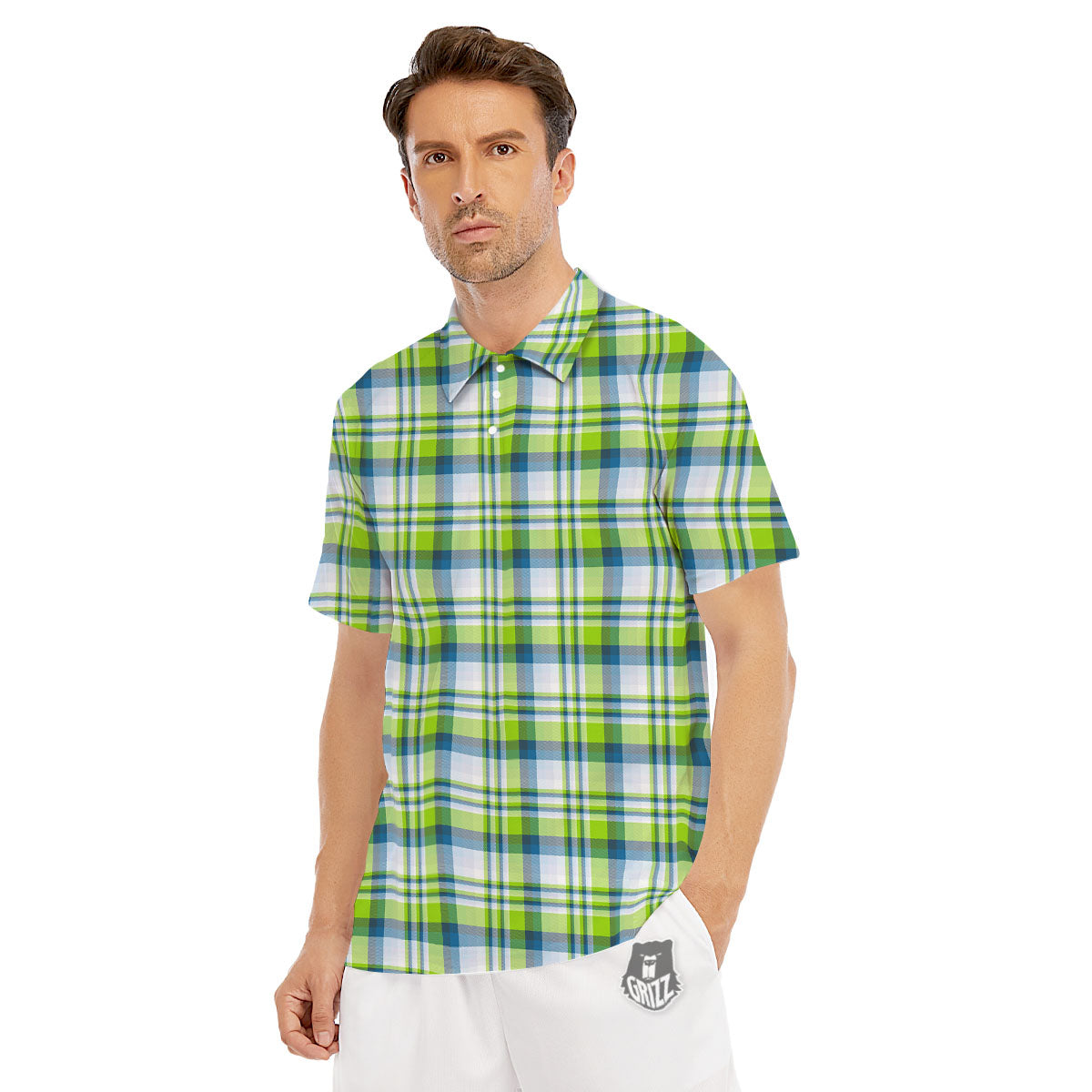 Blue Madras Plaid And Lime Print Pattern Men's Golf Shirts-grizzshop