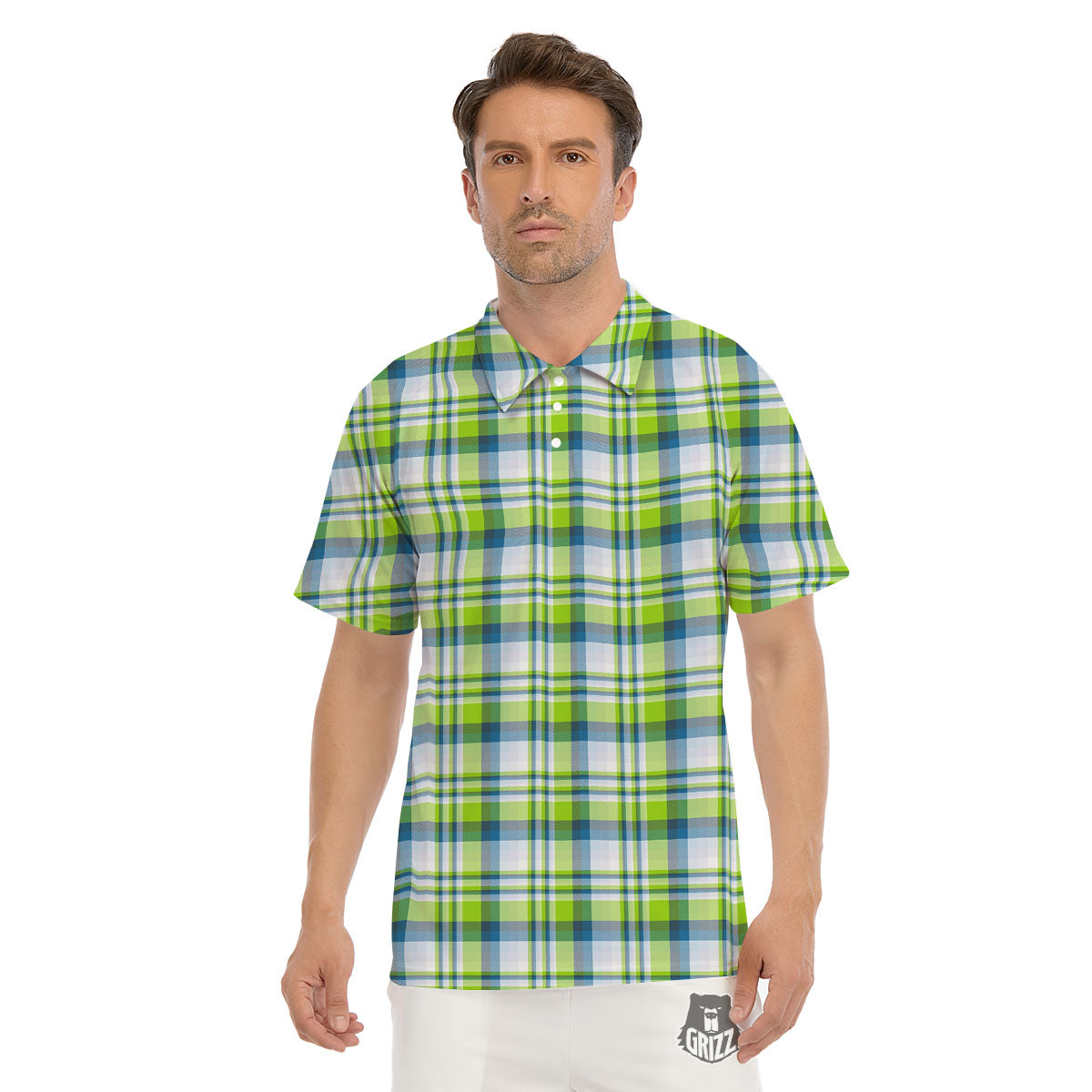 Blue Madras Plaid And Lime Print Pattern Men's Golf Shirts-grizzshop