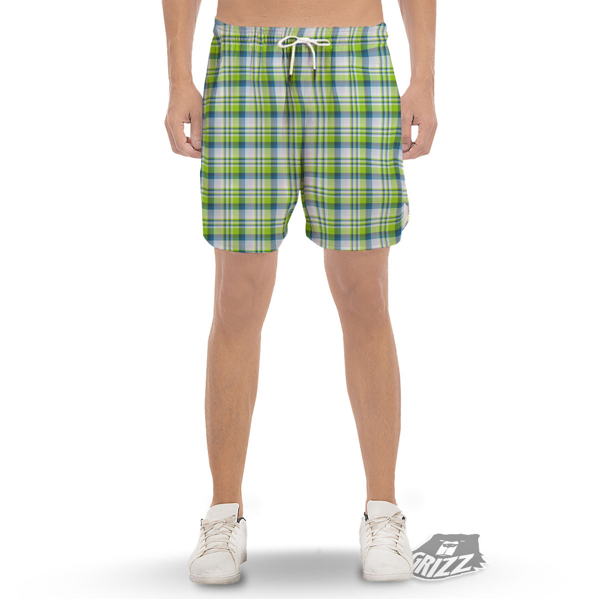 Blue Madras Plaid And Lime Print Pattern Men's Gym Shorts-grizzshop