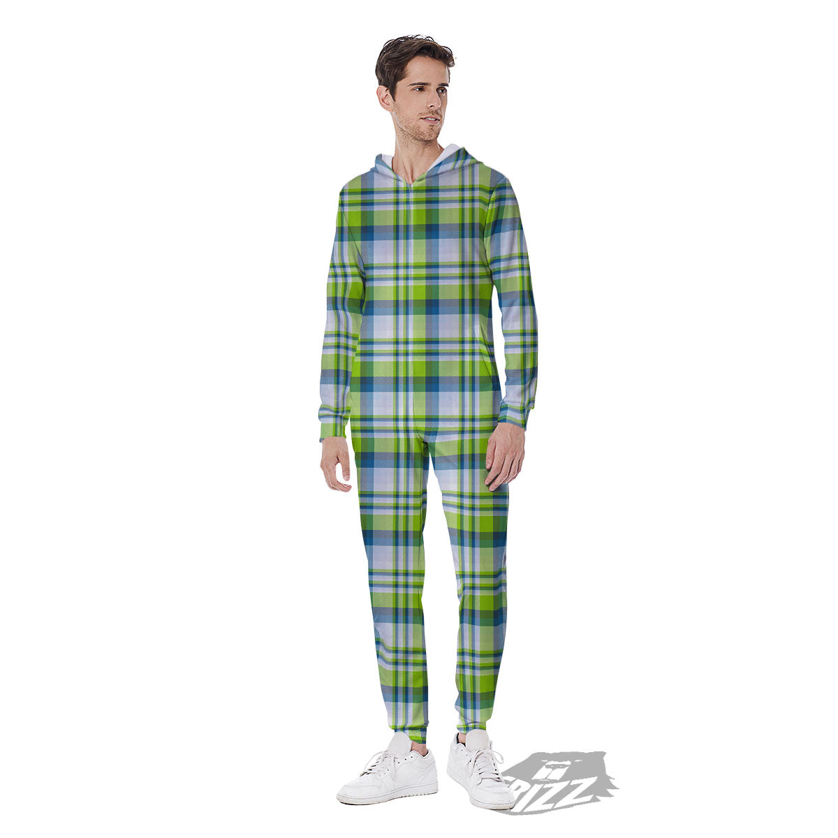 Blue Madras Plaid And Lime Print Pattern Men's Jumpsuit-grizzshop