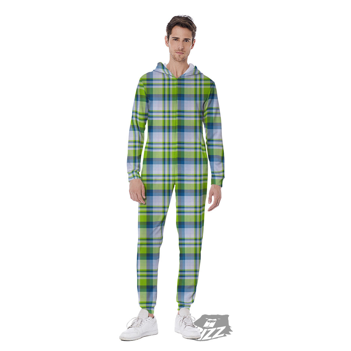 Blue Madras Plaid And Lime Print Pattern Men's Jumpsuit-grizzshop