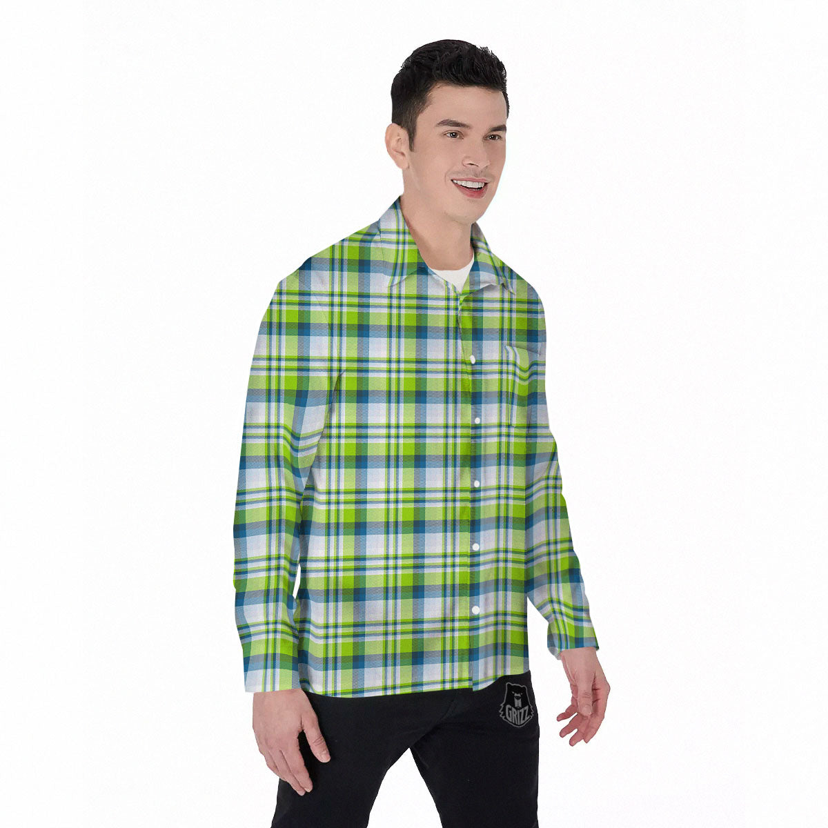 Blue Madras Plaid And Lime Print Pattern Men's Long Sleeve Shirts-grizzshop