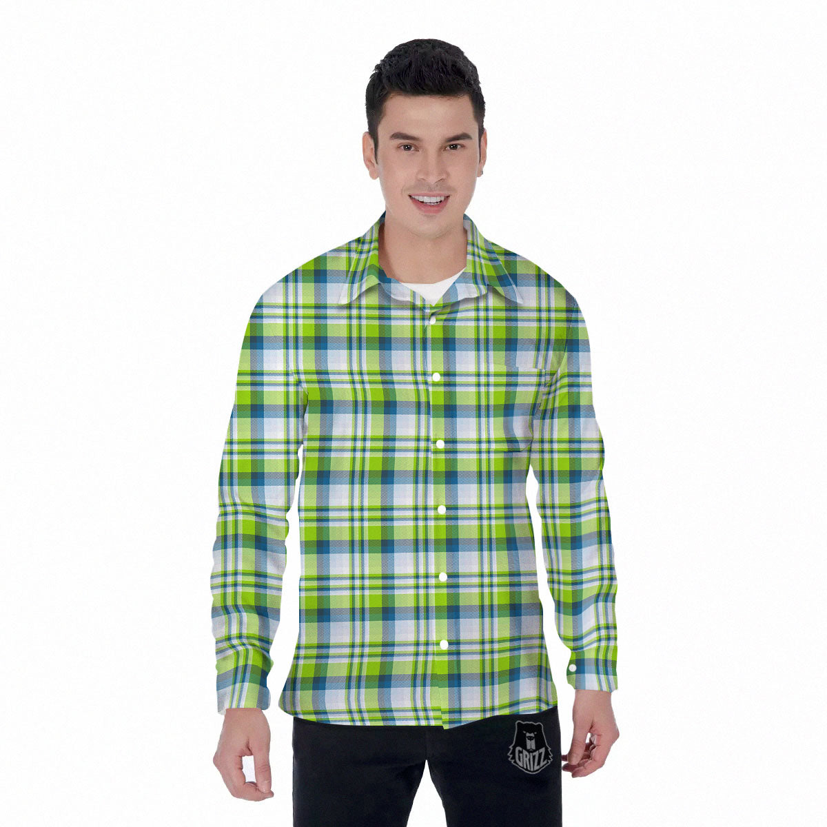 Blue Madras Plaid And Lime Print Pattern Men's Long Sleeve Shirts-grizzshop