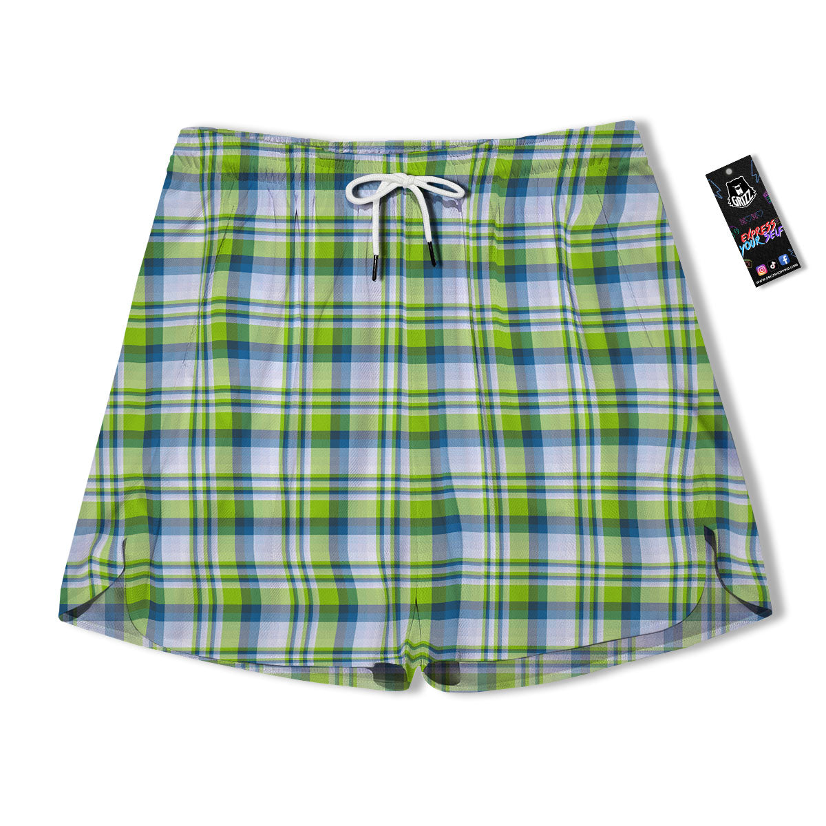 Blue Madras Plaid And Lime Print Pattern Men's Running Shorts-grizzshop